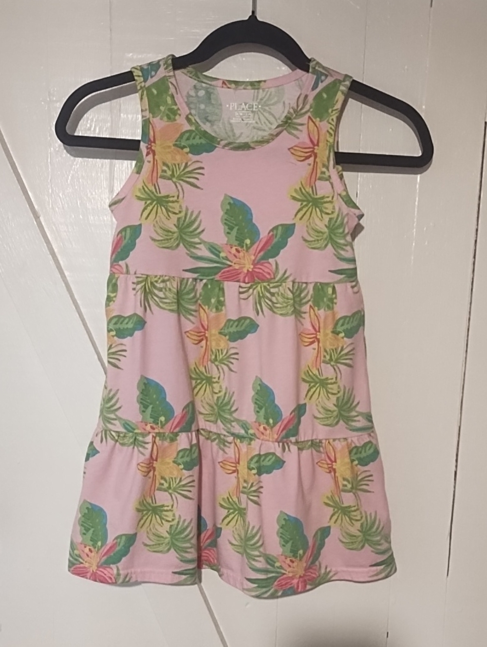 The Children's Place Pink Tropical Print Tiered Tank Dress EUC Size 7-8.